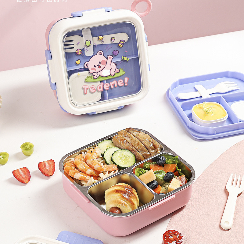 304 Stainless Steel Kidsren's Food Supplement Cartoon Lunch Box Lunch Box Baby Outing Food Supplement Bowl Compartmented Dinner Plate Portable Tableware