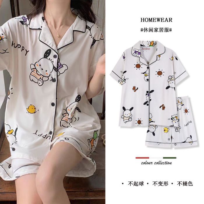 Transfronterizo 180g pijamas de algodón de imitación para mujer rebeca de verano traje de pantalones cortos de manga corta traje de ropa para el hogar de dibujos animados lindo de algodón