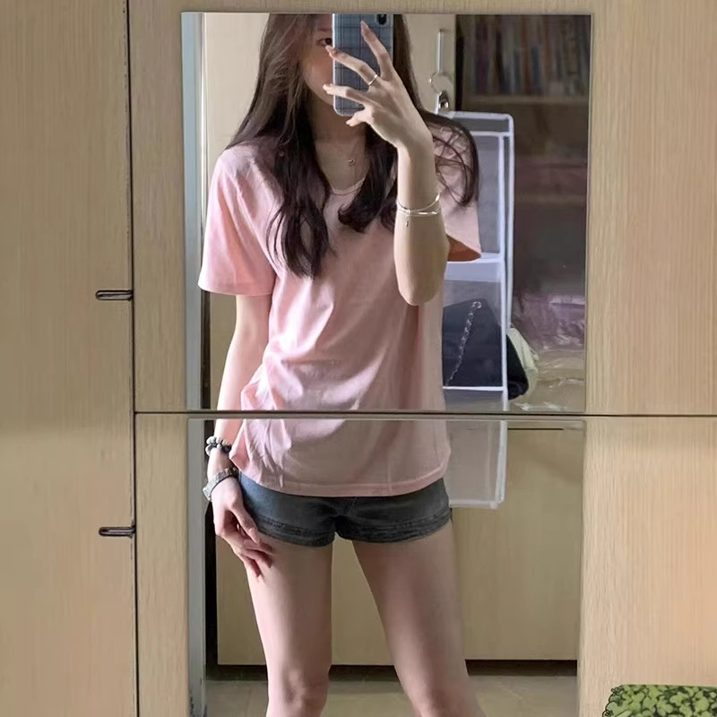 Right Shoulder V-Neck Solid Color Short-Sleeve T-Shirt for Women, New Korean Style, Loose Fit, Slimming, Versatile Casual Top, Simple Commuter T-Shirt