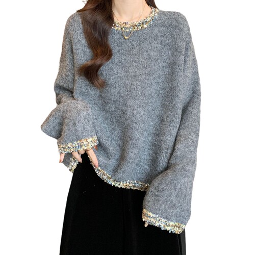 Lazy style long-sleeved loose slimming top for women, fashionable diamond round neck pullover, solid color simple knitted sweater, small fragrance style