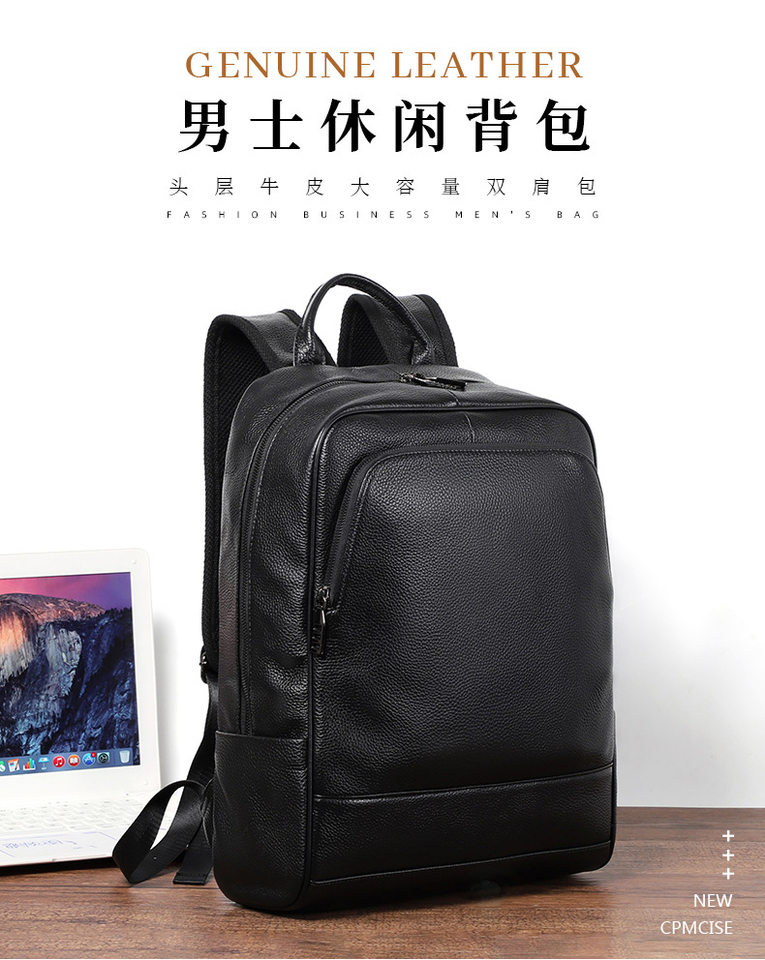 Ba lô nam da bò lớp đầu tiên đơn giản, túi đựng laptop đi học đi làm du lịch 42×32×12 cm — Màu đen chi tiết 1