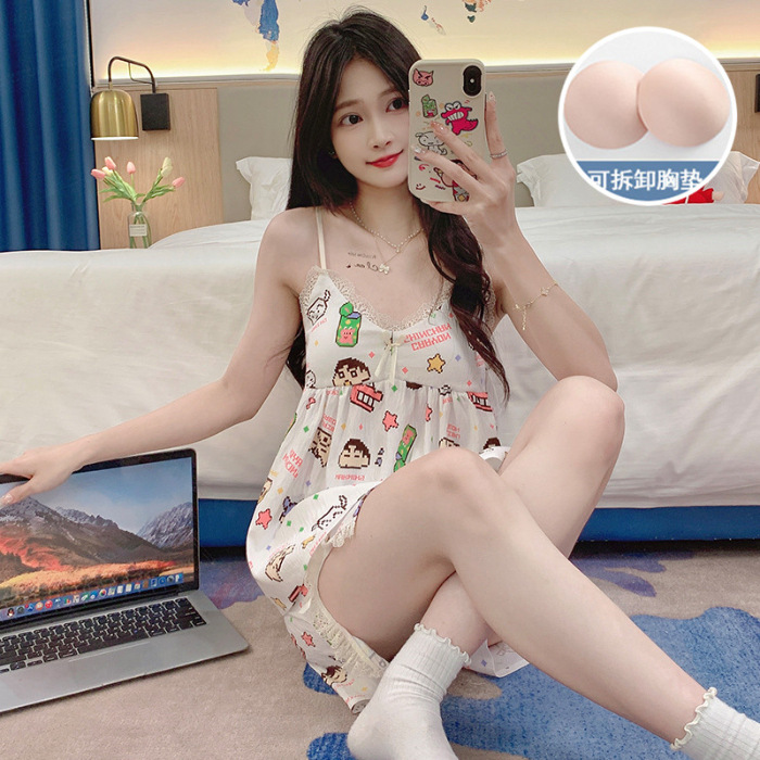 2024 verano nuevo pijama mujer tejido nubes de algodón cinturón cojín de pecho cabina niña dulce y fresco conjunto de ropa para el hogar