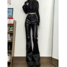 黑色微喇叭皮裤女春秋新款高腰显瘦PU皮休闲裤美式辣妹拖地长裤子