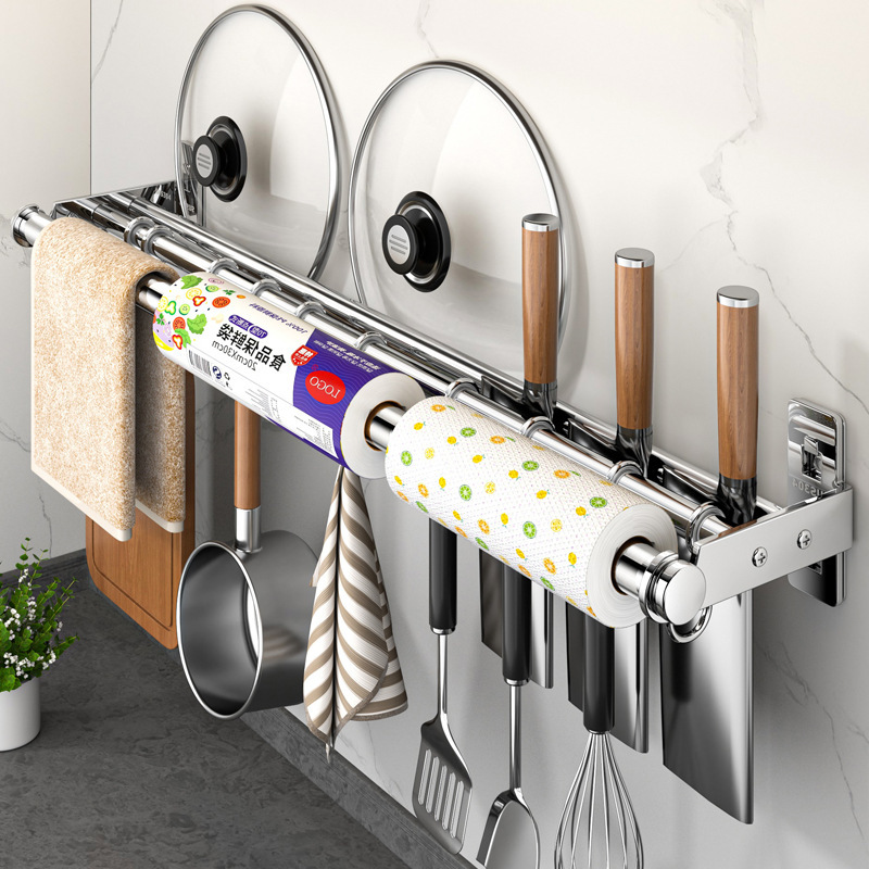 304 Stainless Steel Storage Rack Kitchen Hook Punch-free Knife Rack Storage Rack Pot Lid Chopping Board Preservation Film Tissue Rack