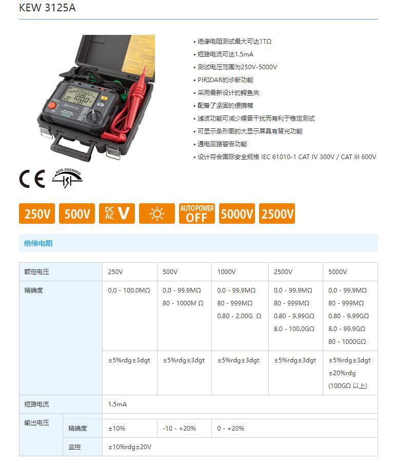 克列茨KEW 3123A高压绝缘测试仪 共立KEW3123A兆欧表