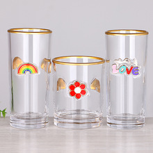厂家定制金属贴片玻璃杯彩虹字母金属3D立体装饰金边水杯果汁杯