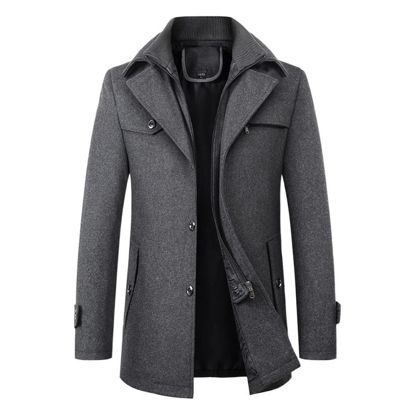 秋冬メンズウールコート、ミドル丈ダブルカラーウールコート、メンズビジネスカジュアルウールジャケット、冬用厚手