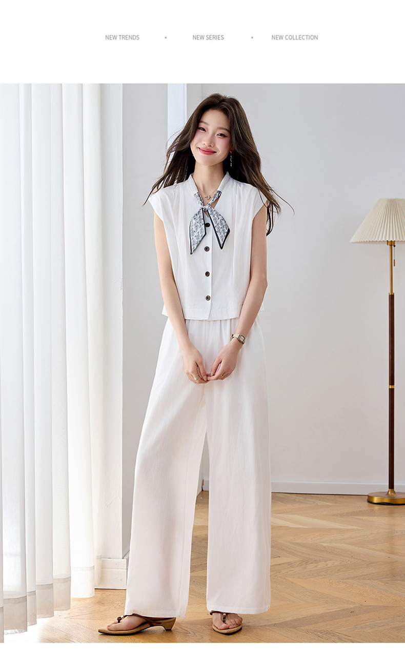 Bộ quần áo hai mảnh mùa hè 2026 gồm áo phối quần ống rộng cao cấp YB2636 — Xanh lông mòng đen, màu trắng chi tiết 24