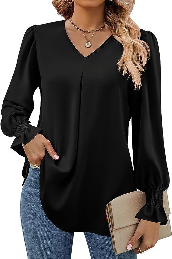 Las mujeres europeas y americanas transfronterizas de Amazon Otoño e Invierno nueva camisa de gasa sólida con cuello en V suéter camisa de manga larga de cuerno
