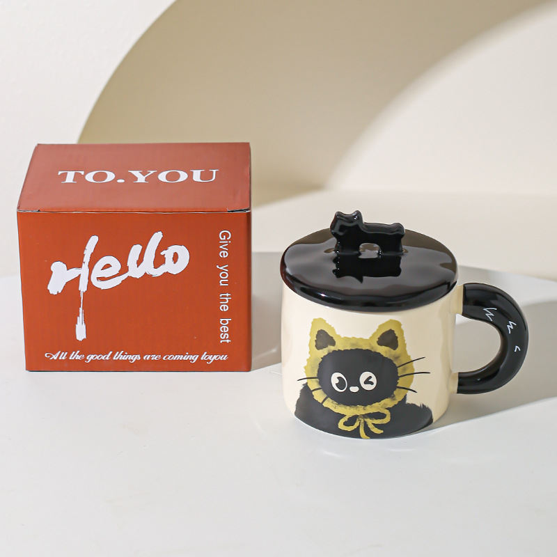 Cute gato gato taza de oficina taza de cerámica con taza de agua cubierta regalo pareja acompañante caja de regalo creativa de cumpleaños