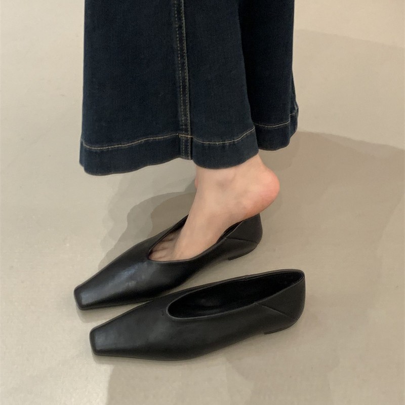 2025春秋新款法式复古方头一脚蹬瓢鞋简约通勤软底女单鞋小皮鞋子