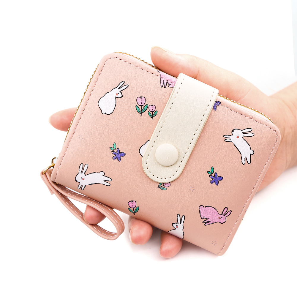 Cute conejo impresión billetera de mujer corta tarjeta de órgano hebilla bolso de cambio bolso de identificación con cremallera bolso de mano