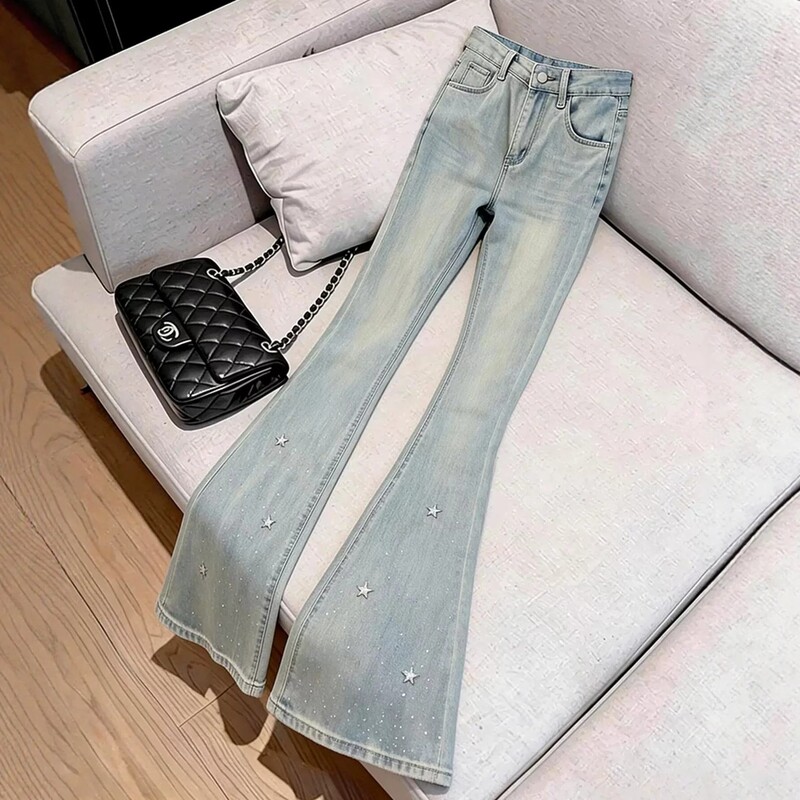 American-Style Five-Pointed Star Rhinestone Flared Jeans for Women, Plus Size, Petite, High-Waisted, Slimming, Drapey Bootcut Pants American-Style Five-Pointed Star Rhinestone Flared Jeans for Women, Plus Size, Petite, High-Waisted, Slimming, Drapey Bootcut Pants