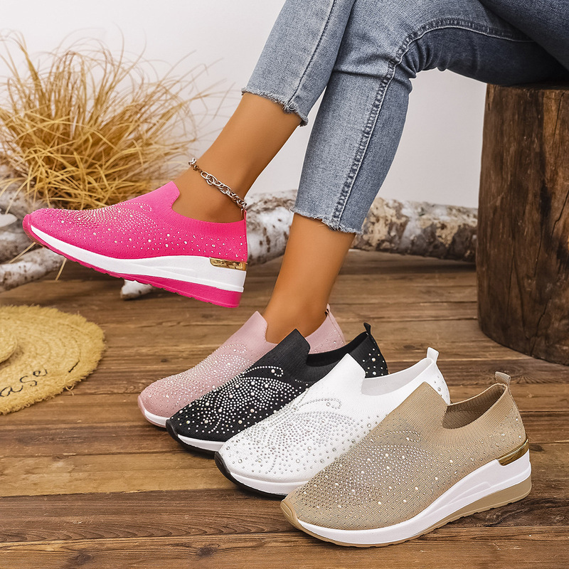 European and American Export Sports and Leisure Shoes for Women 2025 Summer New Wedge Heel Round Toe Rhinestone Slip-On Women's Shoes