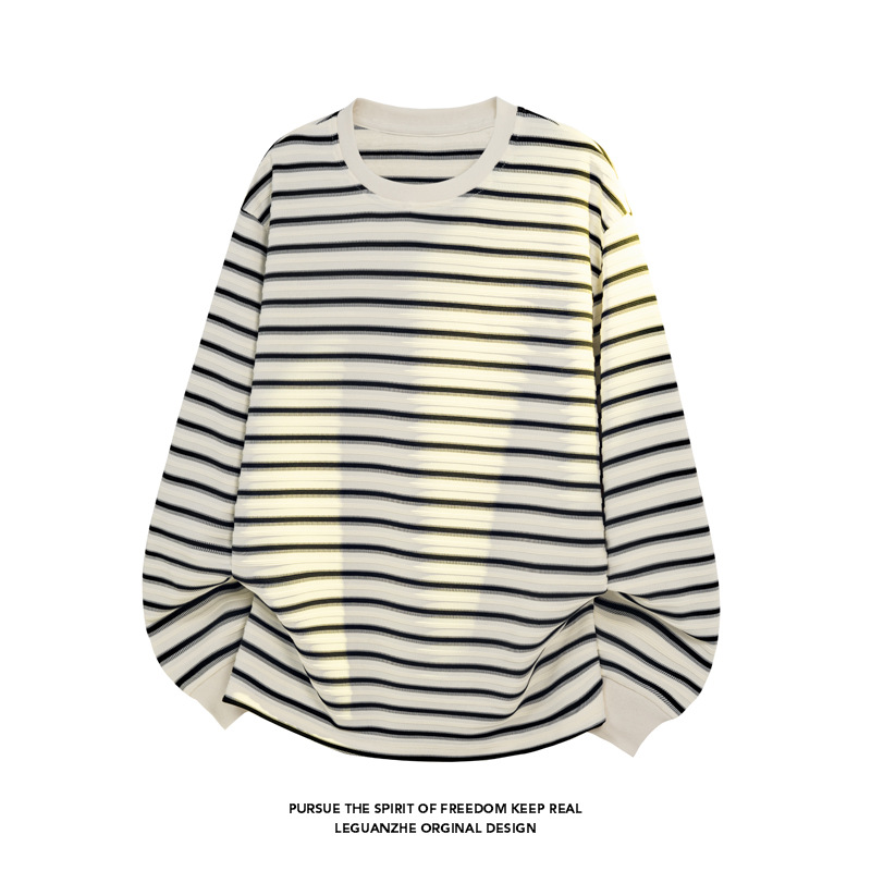 T-shirt a maniche lunghe a righe bianche e nere da uomo, top primaverile di tendenza dalla vestibilità pulita, maglietta base ampia e casual con scollo rotondo_voghion.com