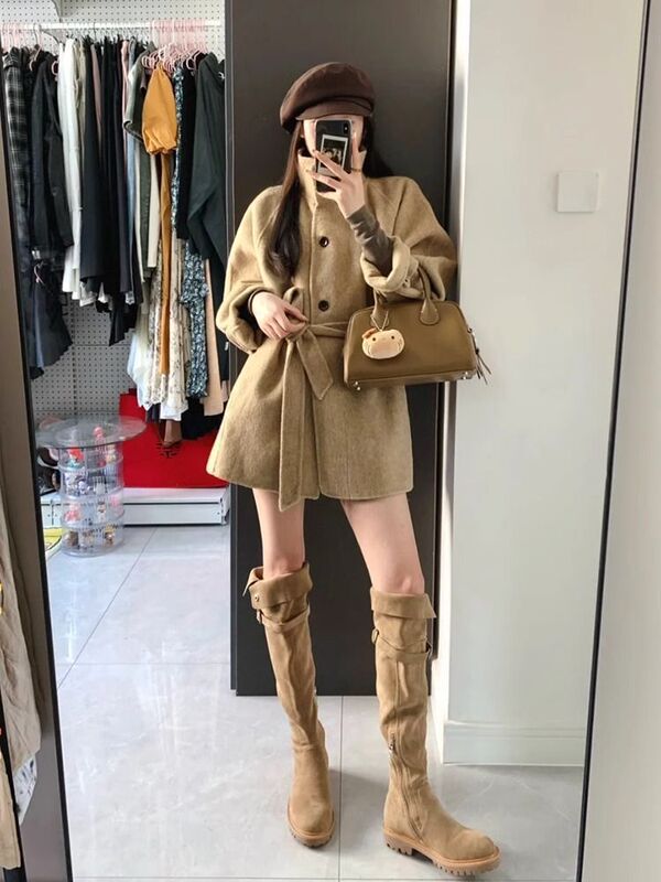 卡其色呢子大衣女秋冬2025新款毛呢外套感小个子短款韩系气质女装|undefined