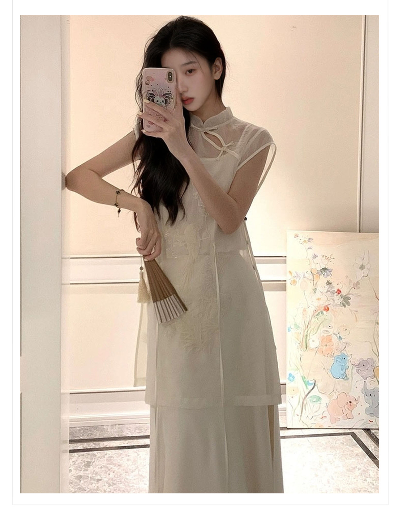Áo sơ mi lụa tơ tằm thêu đính cườm phong cách tân cổ điển Trung Quốc M4023 — Màu trắng chi tiết 3