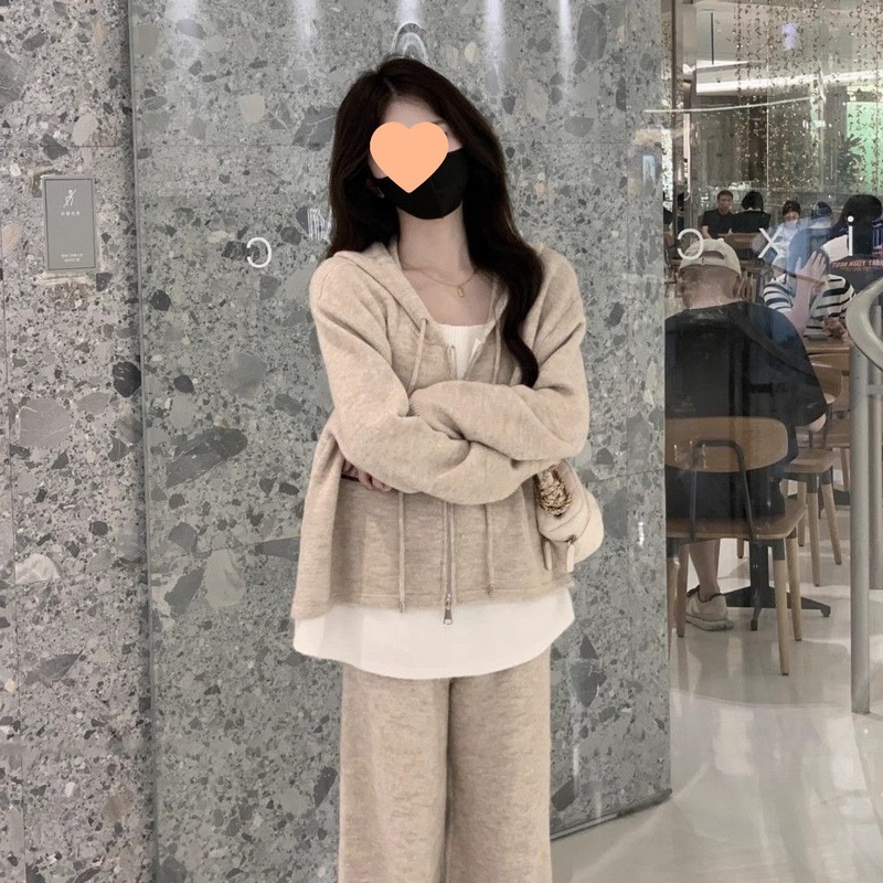 2025年春秋季套装女新款休闲时尚假两件开衫卫衣宽松阔腿裤两件套|undefined