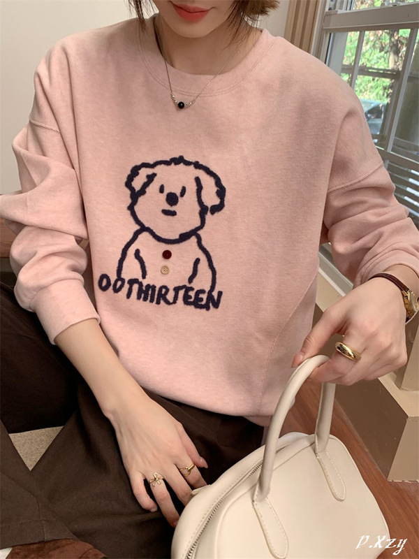 琪镌绘制秋季新款慵懒风圆领卫衣女薄款休闲宽松韩版百搭上衣6985|undefined