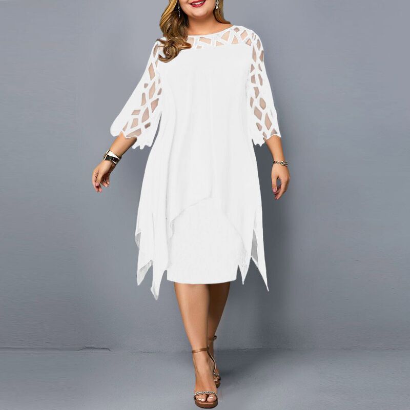 Ebay Amazon Aliexpress European and American Style Lace Patchwork Three-Quarter Sleeve Irregular Hem Chiffon Dress in Stock