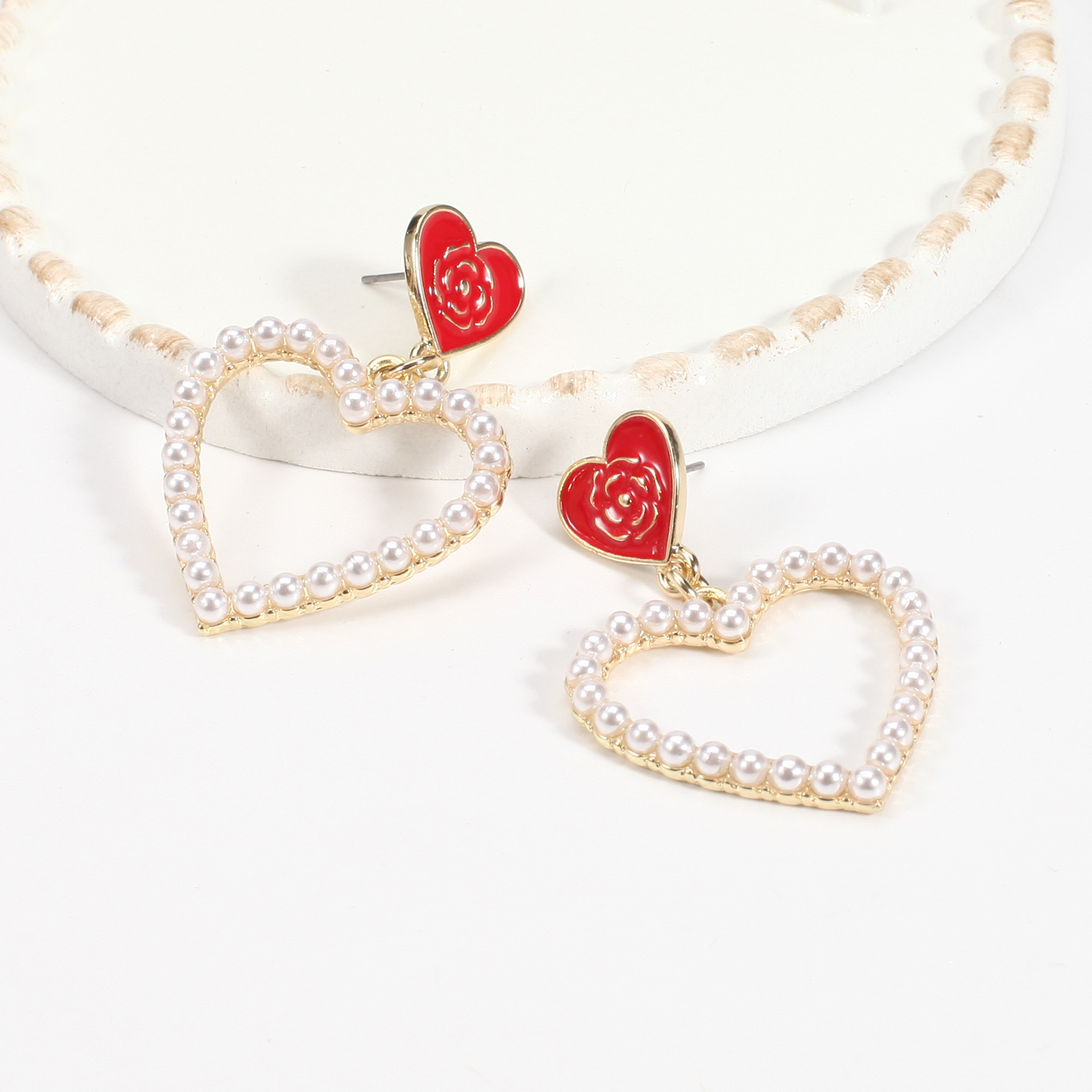 18g Weight Copper Ear Needle Material Rhinestones, Pearl Inlay Material Drop Earrings Classification 1 Pair Quantity Holiday, Daily Occasion Alloy Material Heart Shape Pattern Women's Gender Enamel, Inlay Design IG Style, Sweet Style 1 Pair IG Style Sweet Heart Shape Enamel Inlay Alloy Rhinestones Pearl Drop Earrings 41