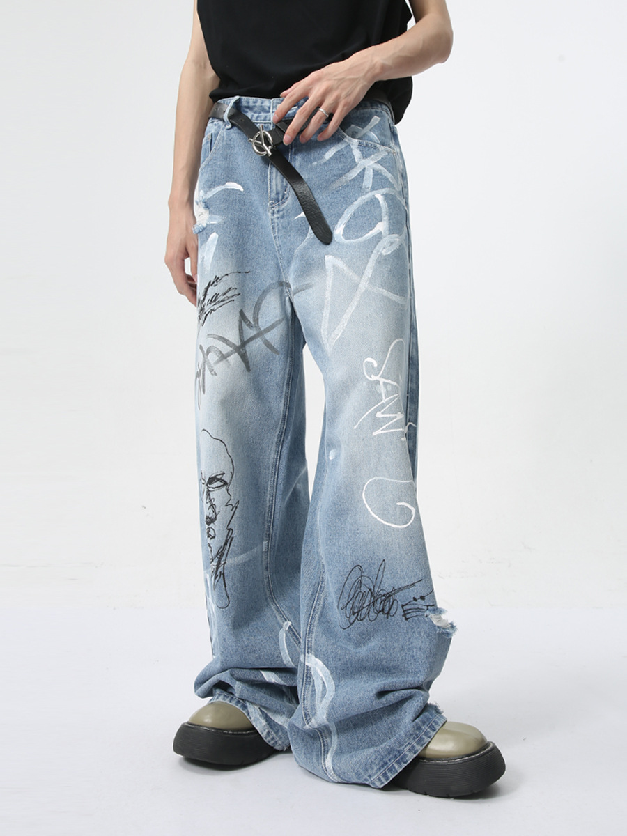 MTLCLOTHES Hombres| 2024 verano nuevos productos de moda moda graffiti callejero interesante jeans de trapazo de barril recto