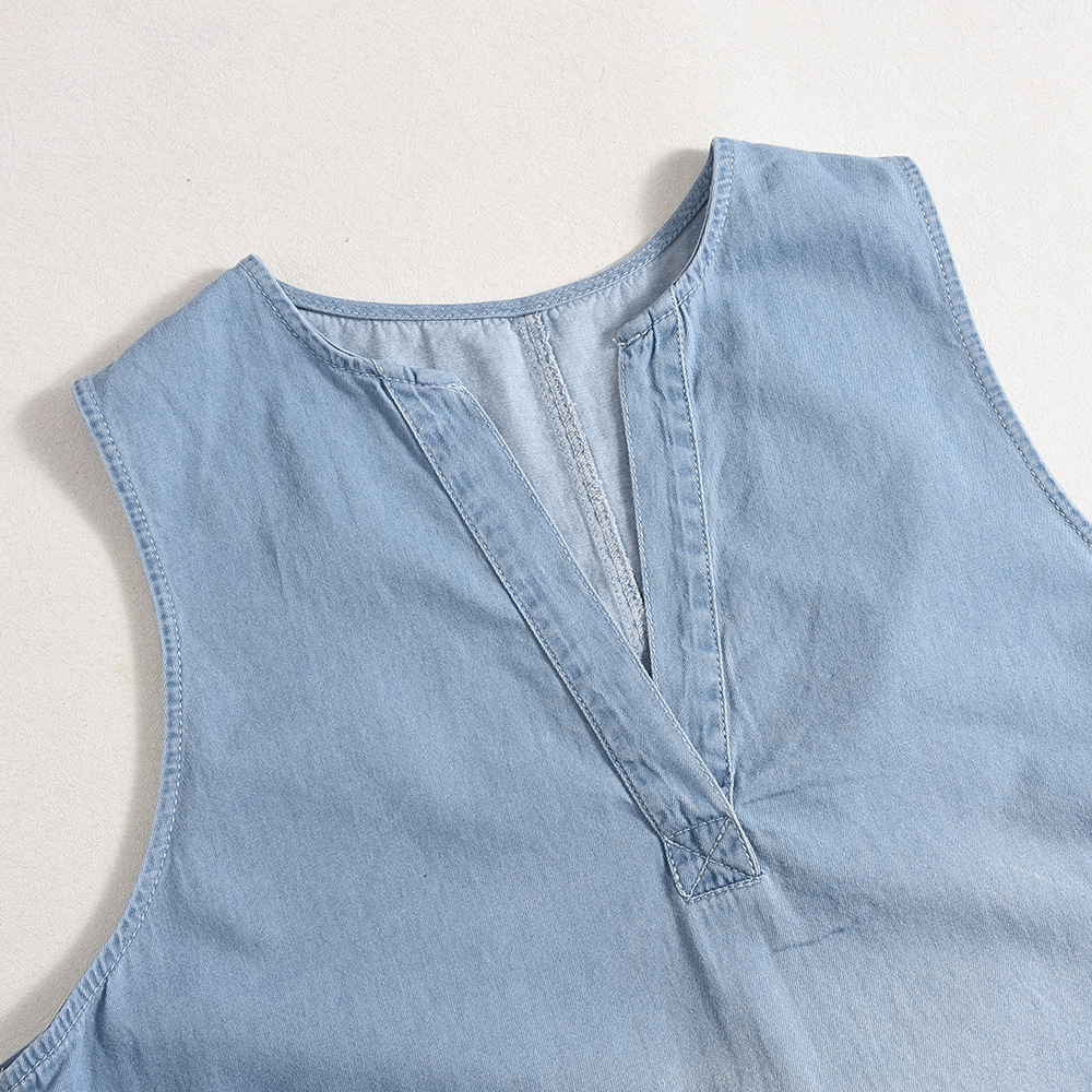 Denim Women opular Sleeveless Casual French V neck Loose Monkey Wash Dress Women