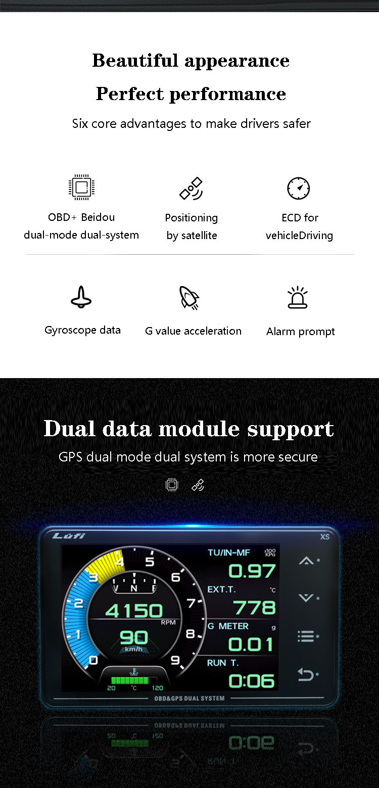 Three-generation LUFI XS car modified instrument OBD2 GPS multi-function LCD meter turbine speed G value gyro