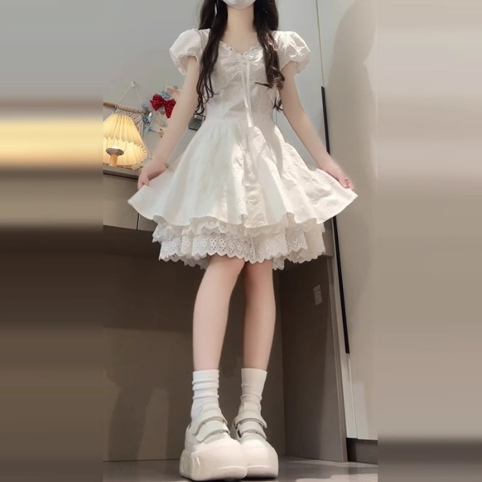 2025 新しい女性の夏のショートスカートフレンチジェントルスタイル初恋白ドレス気質ウエストホワイトスカート|undefined