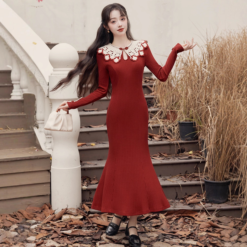 New Chinese Style Red Sweater Dress Elegant High-End New Year Gown Slim Fit Wedding Toast Mermaid Dress
