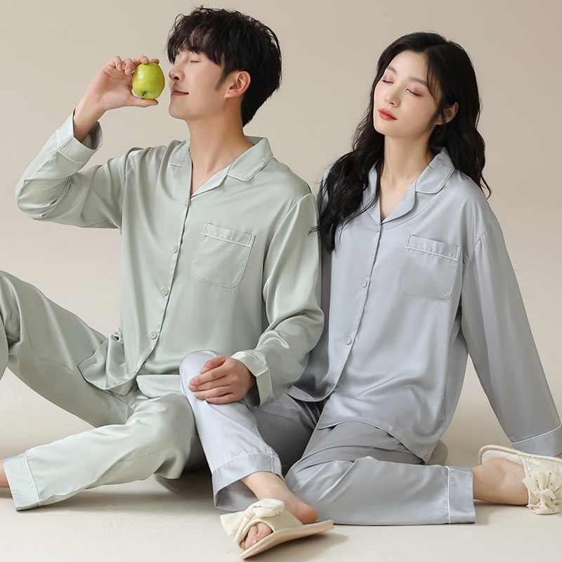 Pijamas de pareja de seda de hielo para mujer 2024 nuevo traje de ropa para el hogar de primavera y verano de hombre de seda de simulación fresca de manga larga de otoño