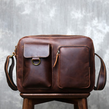 复古疯马皮斜挎包头层牛皮大容量邮差包一件代发男士背包工厂直销