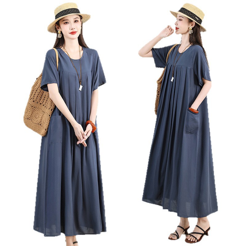 New Cotton Silk Ethnic Style Light Luxury Floral Dress for Moms, Fashionable Long Dress with Mid-Sleeves for Outerwear