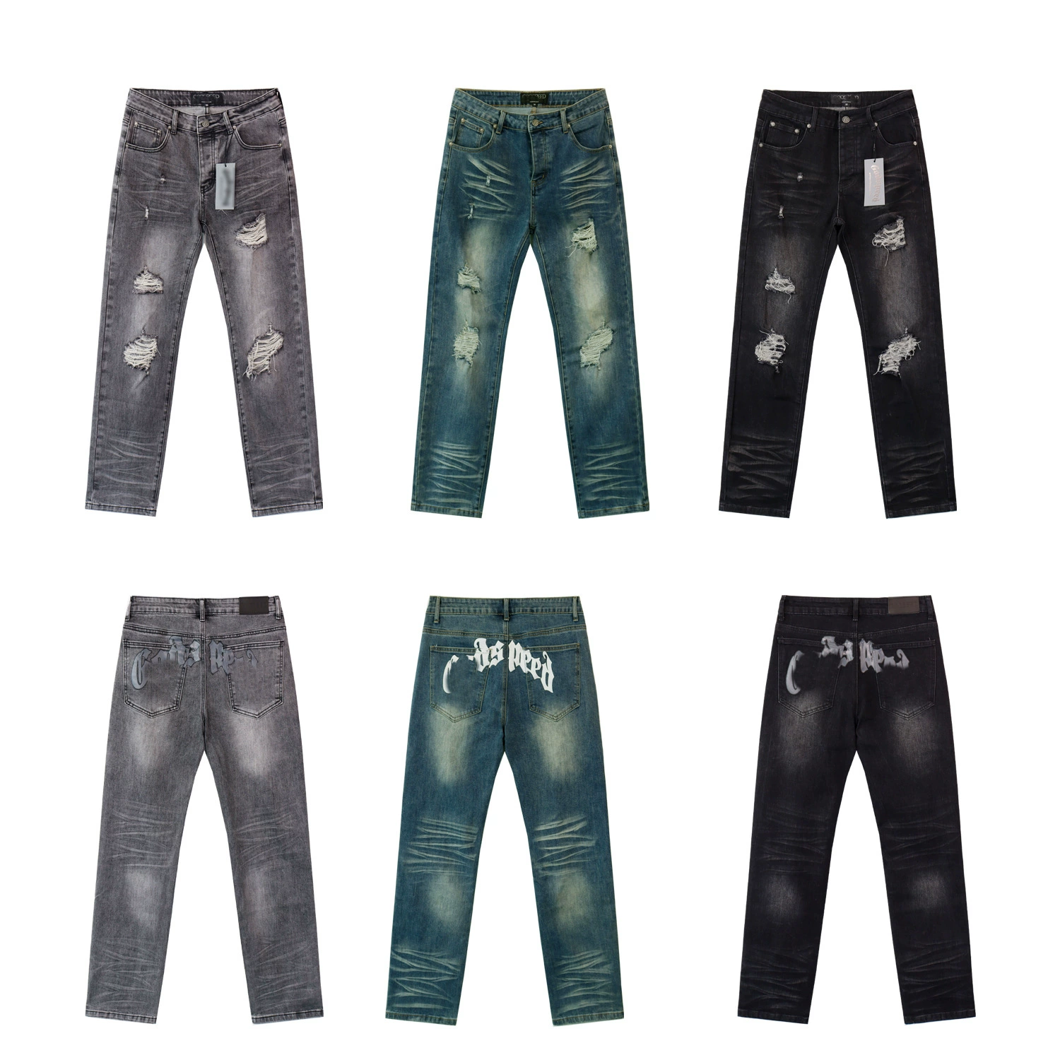 Американские модные джинсы Godsp в ретро стиле с потертостями, принтом на спине и рваными деталями, узкие мужские брюки для повседневной носки в стиле хай-стрит.