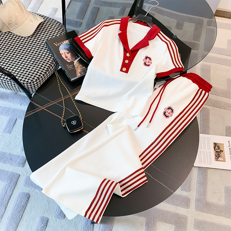 Internet Celebrity Embroidered C Short-sleeved T-shirt Wide-leg Pants Set Women's Fashion Western Style 2023 New Summer Two-piece Set