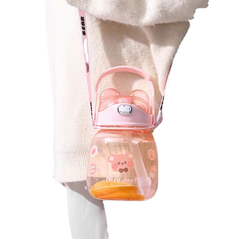 Oso de dibujos animados taza de agua de gran capacidad chica lindo plástico lindo gran vientre taza portátil deportes estudiante taza de paja