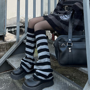 Autumn and Winter Millennium Hot Girls Contrast Color Striped Knitted Mid-Cylinder Socks Slimming Wide Leg Foot Cover Warm Calf Stacked Socks