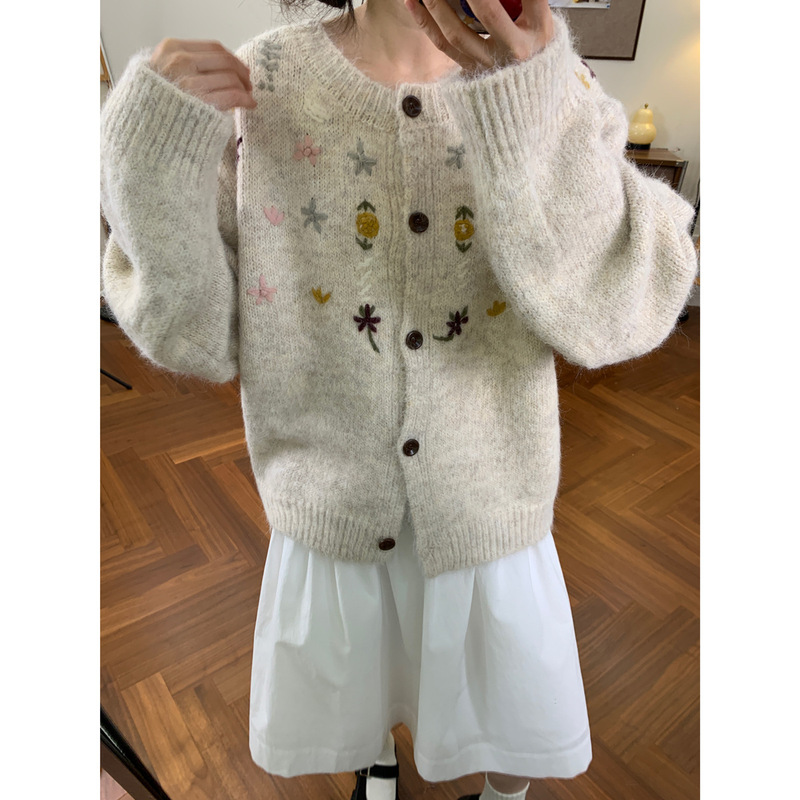 复古重工绣花含羊毛开衫毛衣女2025秋冬新款韩系宽松慵懒针织外套|undefined