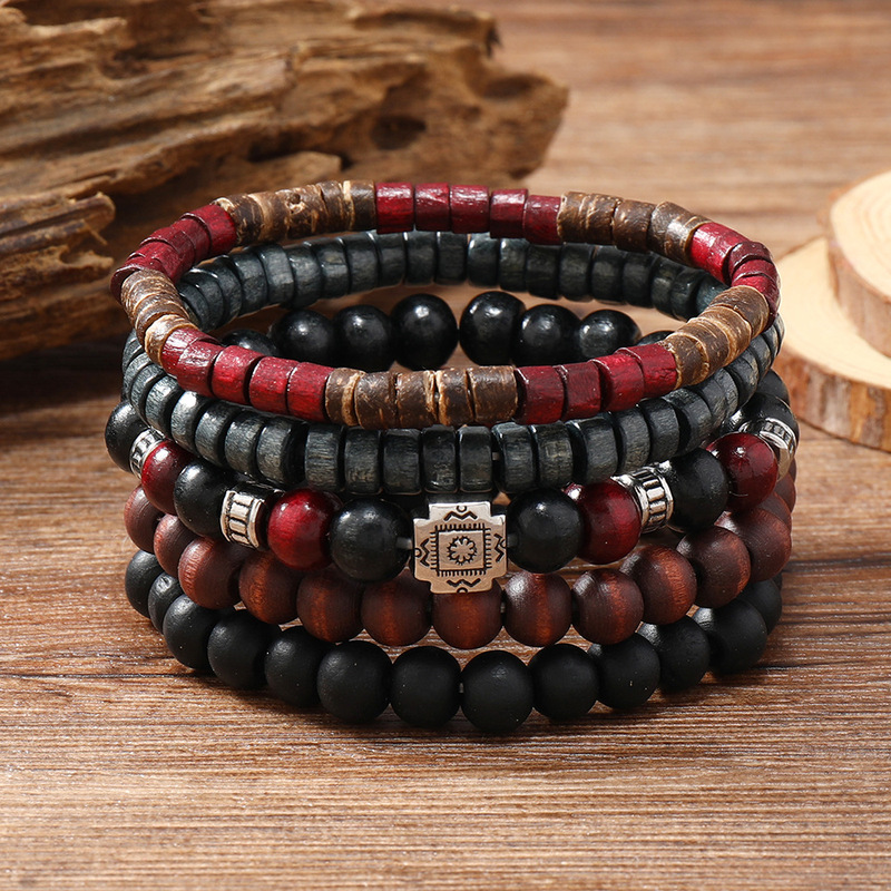 Amazon cross-border new European and American retro pattern black and red wooden beads coconut shell multi-piece wooden beads bracelet holiday friendship