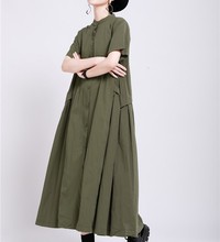 日系大码连衣裙女夏2021新款设计纯色棉麻拼接大摆过膝长裙跨境