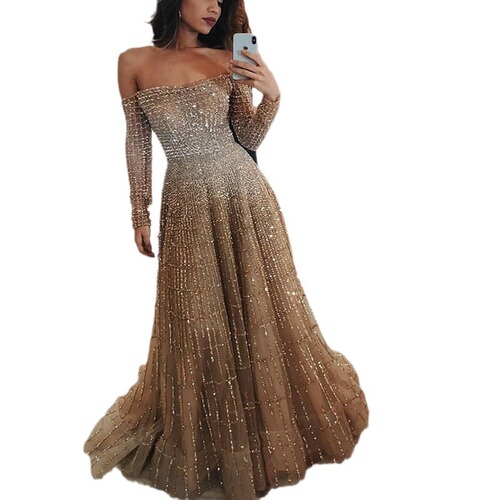 SC2031 Internet celebrity new style long autumn and winter shiny one-shoulder long-sleeved tube top dress