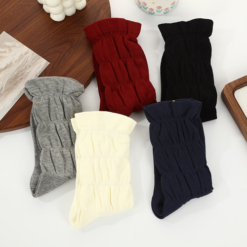 Pile socks, women's middle tube, autumn, solid color, simple twist socks, embossed breathable texture, Korean series, ins, fashionable cotton socks