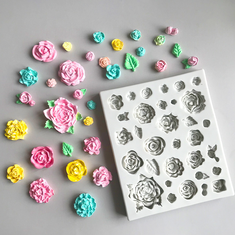 Flip Sugar Rose Flower Chocolate Cake Baking Tools Handmade Clay Drops Decorative Flower Leaf Silicone Mold