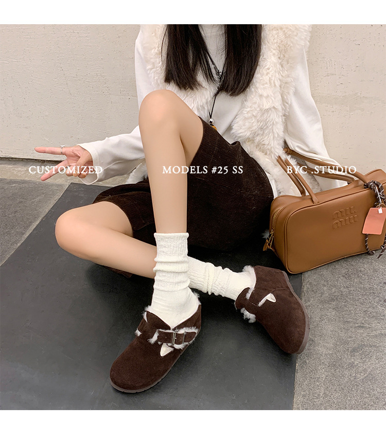 Dép lông Birkenstock da thật nữ đế dày, mũi kín lông cừu, có khóa thắt lưng, tăng chiều cao bên trong — cà phê nâu chi tiết 24