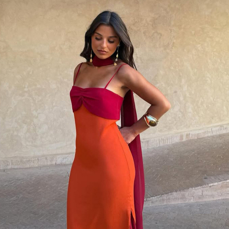 In Stock - Fashionable Color-Blocking Scarf Collar Bodycon Spaghetti Strap Long Dress 2026 New Model Cross-Border Foreign Trade Wholesale in Europe and America