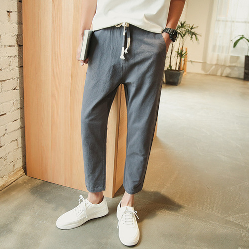 Men's Summer Casual Plain Color 9-inch Straight Leg Sport Pants Loose Thin Cotton Linen Capri Pants