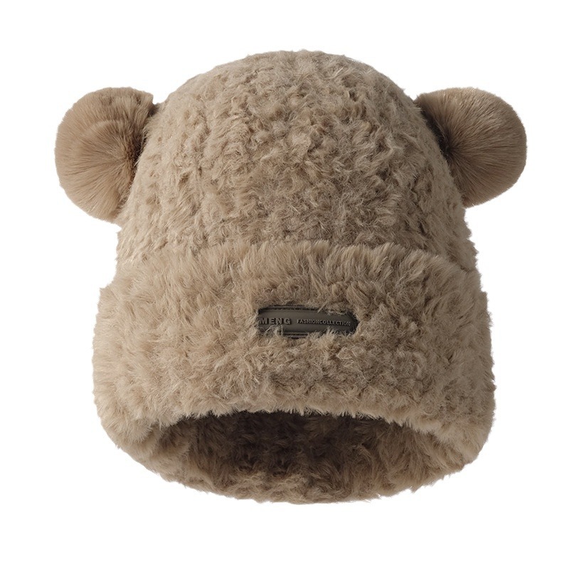 Herbst- und Wintermützen für Damen, süße Fleece-Wintermütze, verdickter warmer Gesichtshut, kleine kältebeständige Plüsch-Strickmütze aus Wolle_voghion.com