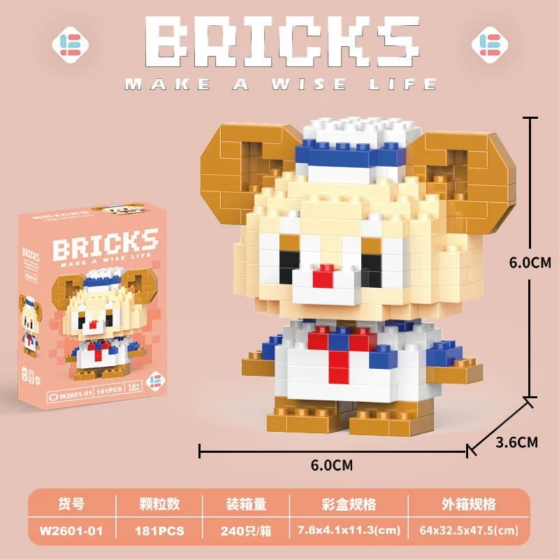 Micro‑block cartoon doll constructor (Lego style), strawberry & mini bears, blind box, micro pieces