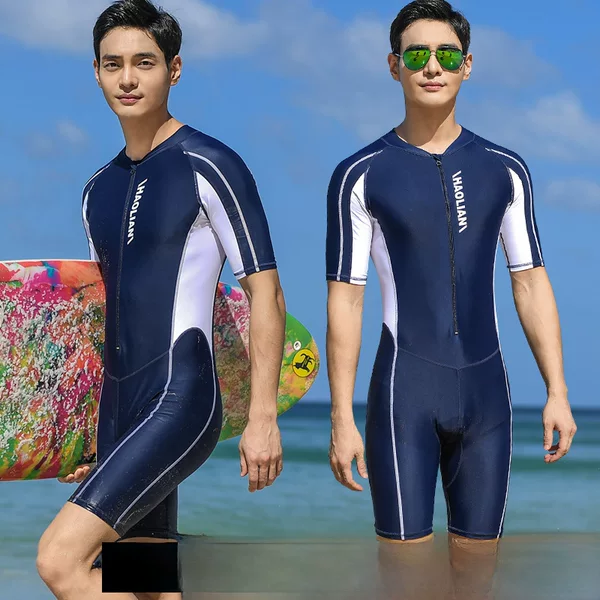 Men's one-piece swimsuit short-sleeved five-point swimming trunks sports surfing suit sunscreen student adult professional training large size customization