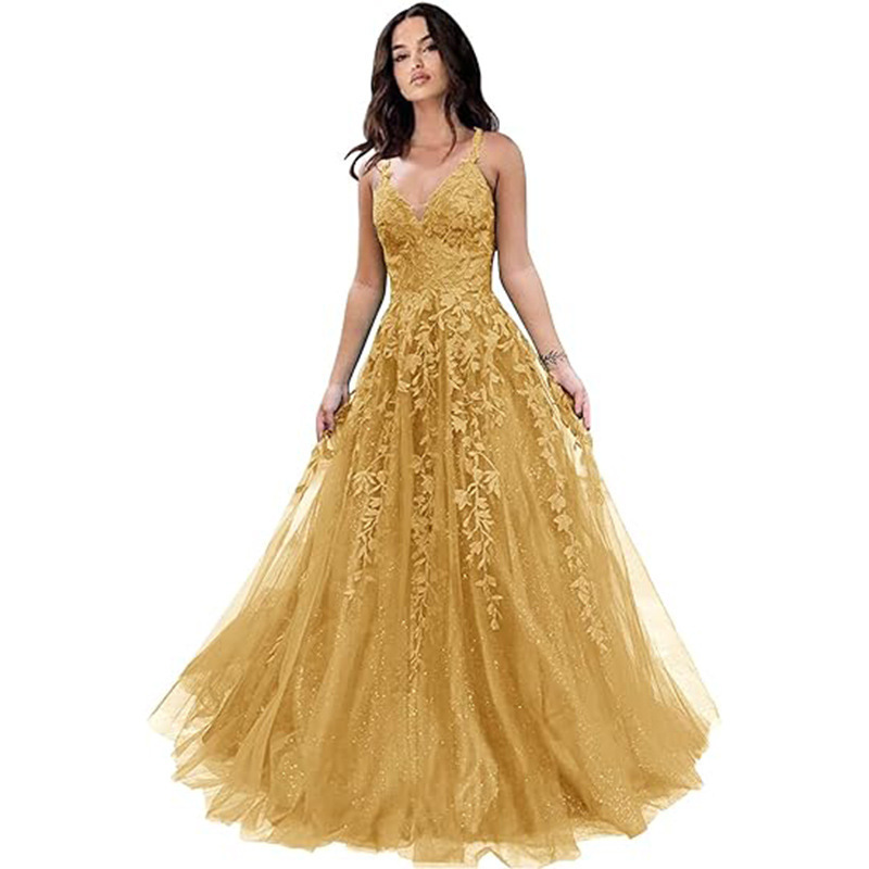Women's Tulle Prom Dress 2025 Shiny Lace Appliqué Long Prom Dress with Spaghetti Straps A-Line Evening Dress